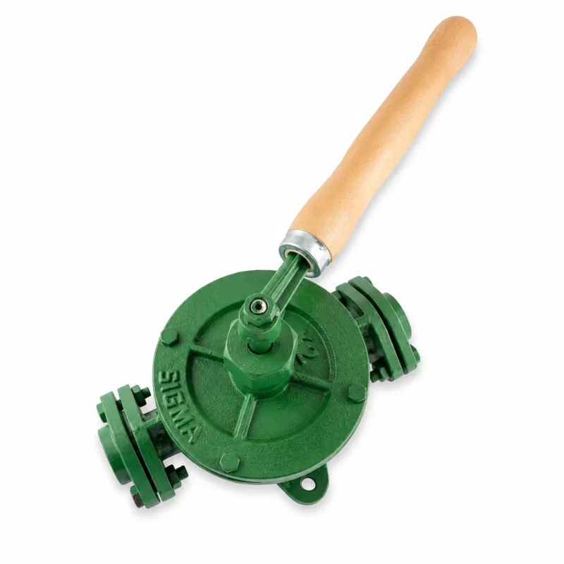 Grüne Handpumpe Kurbelpumpe aus Gusseisen mit Holzgriff und Innengewindeanschlüssen