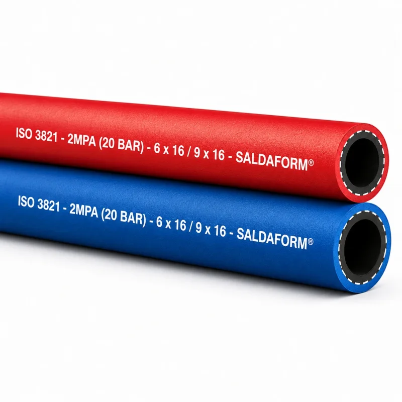 Blau-roter SALDAFORM Zwillingsschlauch für Sauerstoff und Acetylen beim Autogenschweißen