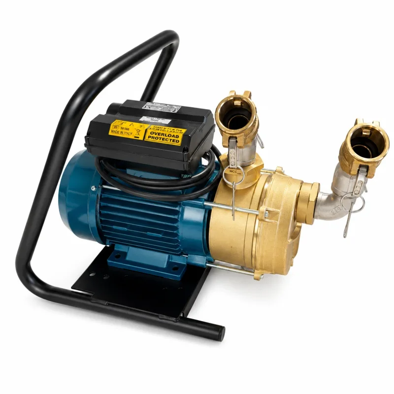 Elektrische Transferpumpe ENM40 aus Messing mit Viton-Dichtung, Tragegestell und zwei 1 Zoll Kamlokkupplungen für Heizöl, Diesel und geeignete Flüssigkeiten.