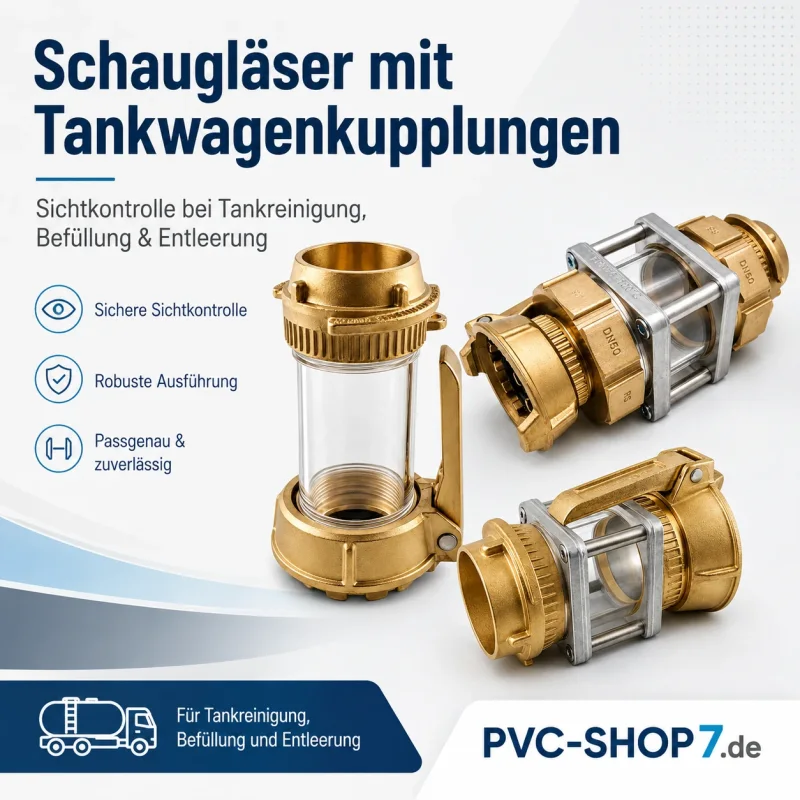 Blogbild mit verschiedenen Schaugläsern mit Tankwagenkupplungen für Sichtkontrolle bei Tankreinigung, Befüllung und Entleerung