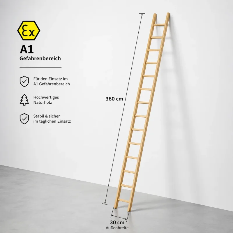 Holz Anlegeleiter 3,60 Meter lang 30 cm breit für Tankschutz und Ex Bereich A1