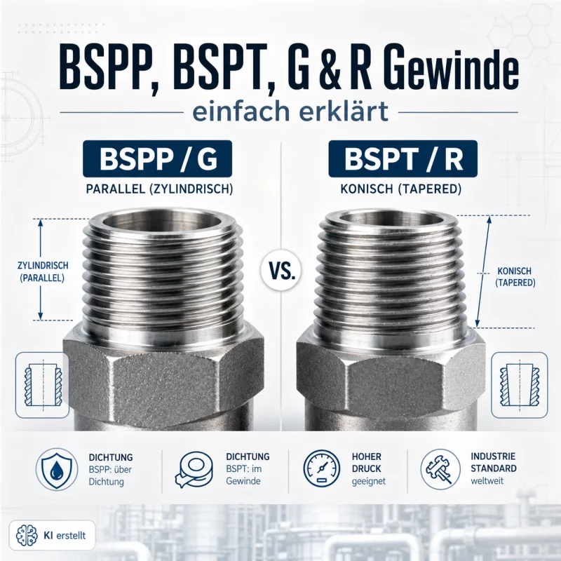 Vergleich von BSPP G Gewinde und BSPT R Gewinde mit zylindrischer und konischer Gewindeform