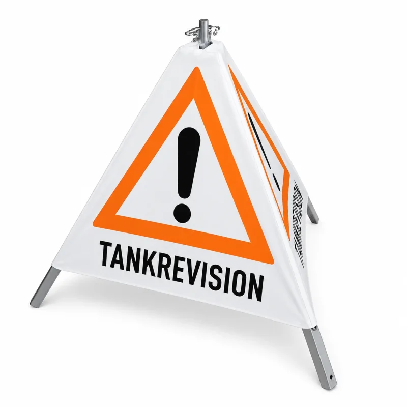 Faltsignal TANKREVISION 70 cm mit Ausrufezeichen für Tankrevisionen und Sicherheitskennzeichnung im Industriebereich