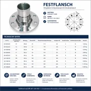 Technisches Datenblatt eines Festflansches aus Edelstahl 1.4408 mit glattem Schlauchstutzen für Schaleneinband inklusive Größenübersicht, DN-Nennweiten, PN-Druckstufen, Lochkreisen und technischen Abmessungen