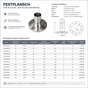 Technisches Datenblatt eines Festflansches aus feuerverzinktem Stahl für Schalen- und Schelleneinband mit Maßzeichnung, technischen Daten und Größenübersicht nach DIN 2817 und EN 1092-1