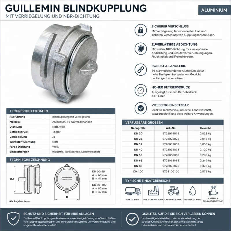 Technisches Datenblatt einer Guillemin Blindkupplung aus T6-wärmebehandeltem Aluminium mit Verriegelung, weißer NBR-Dichtung, technischen Daten, Größenübersicht und Einsatzbereichen für Tanktechnik, Industrie, Landwirtschaft und Wassertechnik