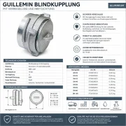 Technisches Datenblatt einer Guillemin Blindkupplung aus T6-wärmebehandeltem Aluminium mit Verriegelung, weißer NBR-Dichtung, technischen Daten, Größenübersicht und Einsatzbereichen für Tanktechnik, Industrie, Landwirtschaft und Wassertechnik