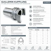 Technisches Datenblatt einer Guillemin Kupplung aus T6-wärmebehandeltem Aluminium mit gerilltem Schlauchstutzen, Sicherungsbund, Verriegelung, NBR-Dichtung, technischen Daten, Größenübersicht und typischen Einsatzbereichen in Tanktechnik, Landwirtschaft und Industrie