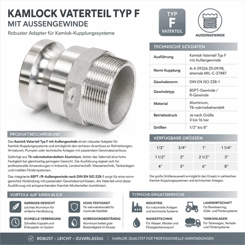 Kamlok Vaterteil Typ F mit BSPT Außengewinde aus Aluminium inklusive technischer Daten und Einsatzbereichen