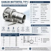 Technisches Datenblatt der Kamlok Mutterkupplung Typ C aus Edelstahl 1.4408 mit Schlauchtülle, NBR-Dichtung, technischen Eckdaten, verfügbaren Größen und typischen Einsatzbereichen.