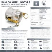 Technisches Bilddatenblatt der Kamlok Kupplung Typ B aus Aluminium mit BSPT Außengewinde, NBR-Dichtung, Messinghebeln und Sicherungsclip