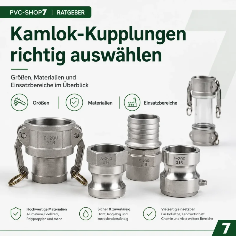 Übersicht zu Kamlok-Kupplungen mit Größen, Materialien, Dichtungen und typischen Einsatzbereichen