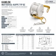 Technisches Datenblatt der Kamlok Mutterteil-Kappe Typ DC aus T6-wärmebehandeltem Aluminium mit Messinghebeln, Stahlring, Sicherungsclip und NBR-Dichtung. Übersicht zu technischen Daten, Größen, Betriebsdruck und Einsatzbereichen.