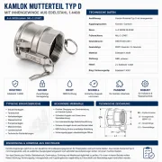 Technisches Datenblatt zum Kamlok Mutterteil Typ D aus Edelstahl 1.4408 mit BSPP-Innengewinde, NBR-Dichtung, Edelstahlhebeln, Sicherungsclip, technischen Daten und Einsatzbereichen.