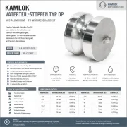 Technisches Datenblatt des Kamlok Vaterteil-Stopfens Typ DP aus T6-wärmebehandeltem Aluminium mit Produktbild, technischen Daten, Betriebsdruck, verfügbaren Größen und typischen Einsatzbereichen nach A-A 59326 (ehemals MIL-C-27487).