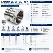 Technisches Datenblatt zum Kamlok Vaterteil Typ A aus Edelstahl 1.4408 mit BSPP-Innengewinde, DIN EN ISO 228-1, Druckstufen, Größen und Einsatzbereichen.