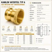 Technisches Datenblatt zum Kamlok Vaterteil Typ A aus Messing mit BSPP-Innengewinde und G-Gewinde, technischen Daten, Größen, Druckstufen und Einsatzbereichen.