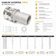 Technisches Datenblatt eines Kamlok Vaterteils Typ E aus Aluminium mit Schlauchtülle für die sichere Verbindung von Schlauchleitungen