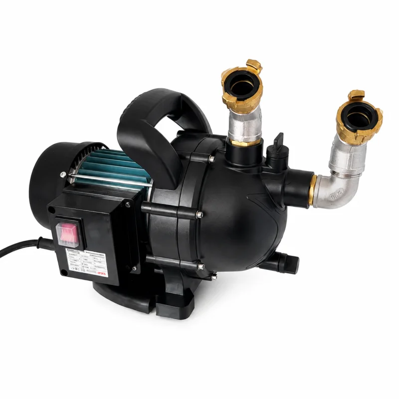 Selbstansaugende elektrische Transferpumpe mit zwei GEKA-Kupplungen für Wasserförderung, Bewässerung, Tanktechnik und industrielle Anwendungen
