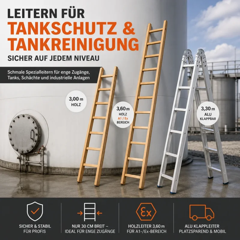 Schmale Holz- und Aluminiumleitern für Tankschutz, Tankreinigung und Arbeiten in engen Tankräumen