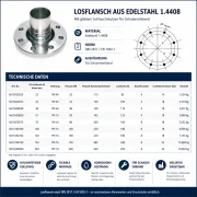 Technisches Datenblatt eines Losflansches aus Edelstahl 1.4408 mit glattem Schlauchstutzen für Schaleneinband inklusive Maßzeichnung, Größenübersicht, DN-Nennweiten, PN-Druckstufen, Lochkreisen und Gewichtsangaben