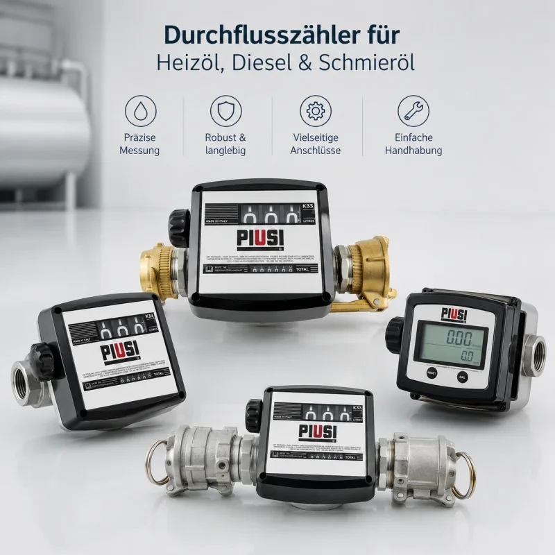 Mechanische und digitale Durchflusszähler für Heizöl, Diesel und Schmieröl mit verschiedenen Anschlussarten wie Tankwagenkupplungen, Innengewinde und Kamlockkupplungen