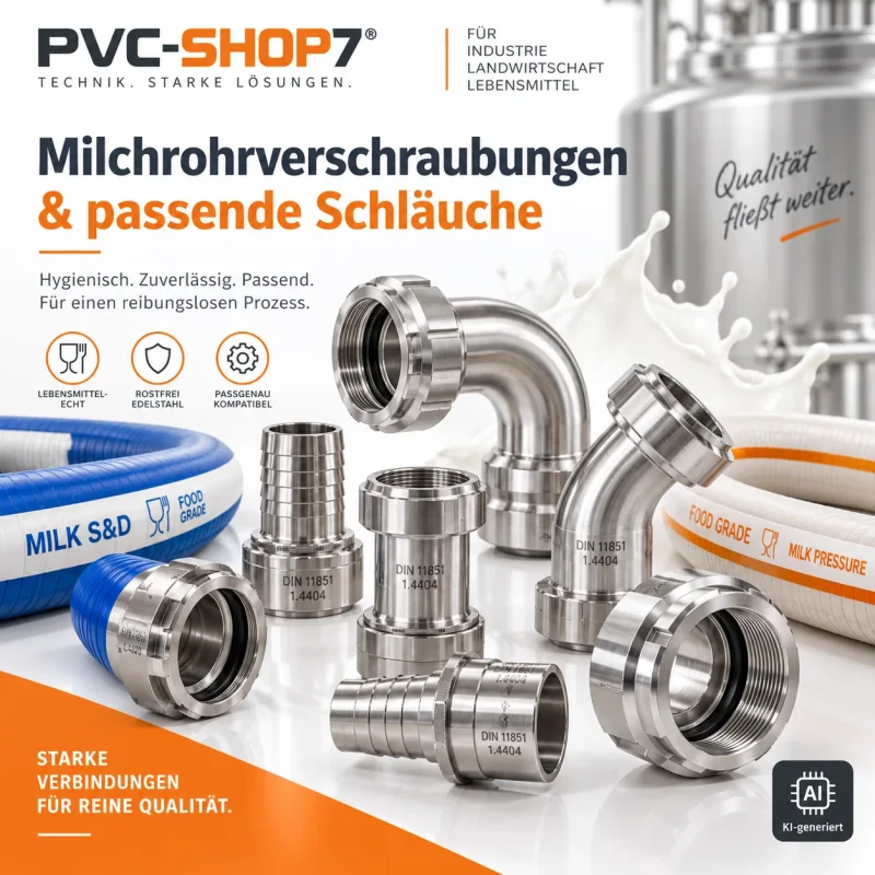 DIN 11851 Milchrohrverschraubungen aus Edelstahl mit Kegelstutzen und passenden Lebensmittel Saug und Druckschläuchen