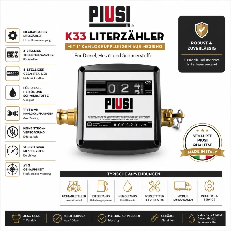 PIUSI K33 mechanischer Literzähler mit VT und MK Kamlokkupplung aus Messing