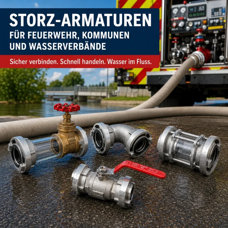 Professionelle Storz-Armaturen für Feuerwehr, Kommunen und Wasserverbände mit Muffenschieber, Kugelhahn, Aluminium-Rohrbogen und Schauglas für Löschwasserförderung und Wassertechnik.