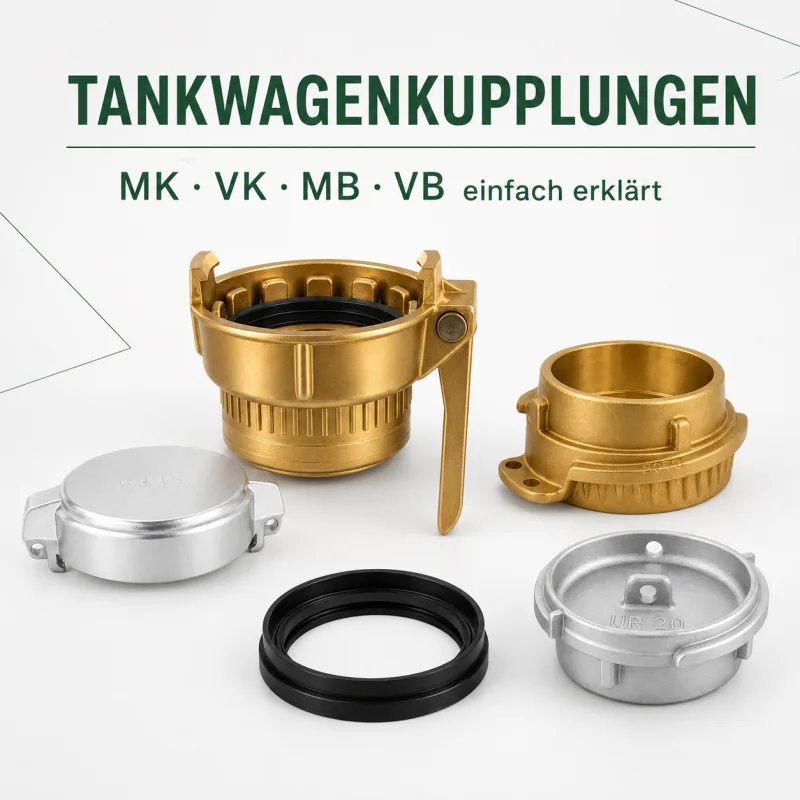 Tankwagenkupplungen Typ MK und VK aus Messing mit MB- und VB-Verschlüssen aus Aluminium sowie schwarzer NBR-Lippendichtung