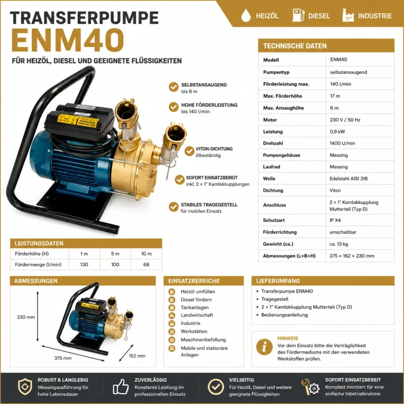 Transferpumpe ENM40 für Heizöl & Diesel – mit Viton-Dichtung, Tragegestell und 2× 1" Kamlokkupplungen