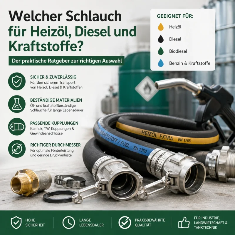 Kraftstoffschläuche für Heizöl, Diesel und Kraftstoffe mit Kamlok-Kupplungen, Tanktechnik-Zubehör und Informationen zur richtigen Schlauchauswahl für Industrie, Landwirtschaft und Tankschutz