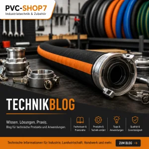 TechnikBLOG von PVC-SHOP7 mit Industrieschlauch, Kupplungen und technischem Zubehör in moderner Werkstattumgebung