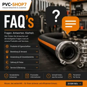 FAQ Bereich von PVC-SHOP7 mit Industrieschlauch und technischen Symbolen für Fragen und Antworten